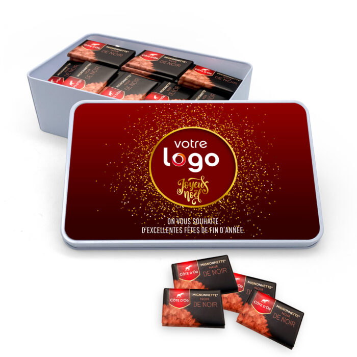 Boîte rectangulaire personnalisée – Joyeux Noël avec logo + chocolats Côte d'Or